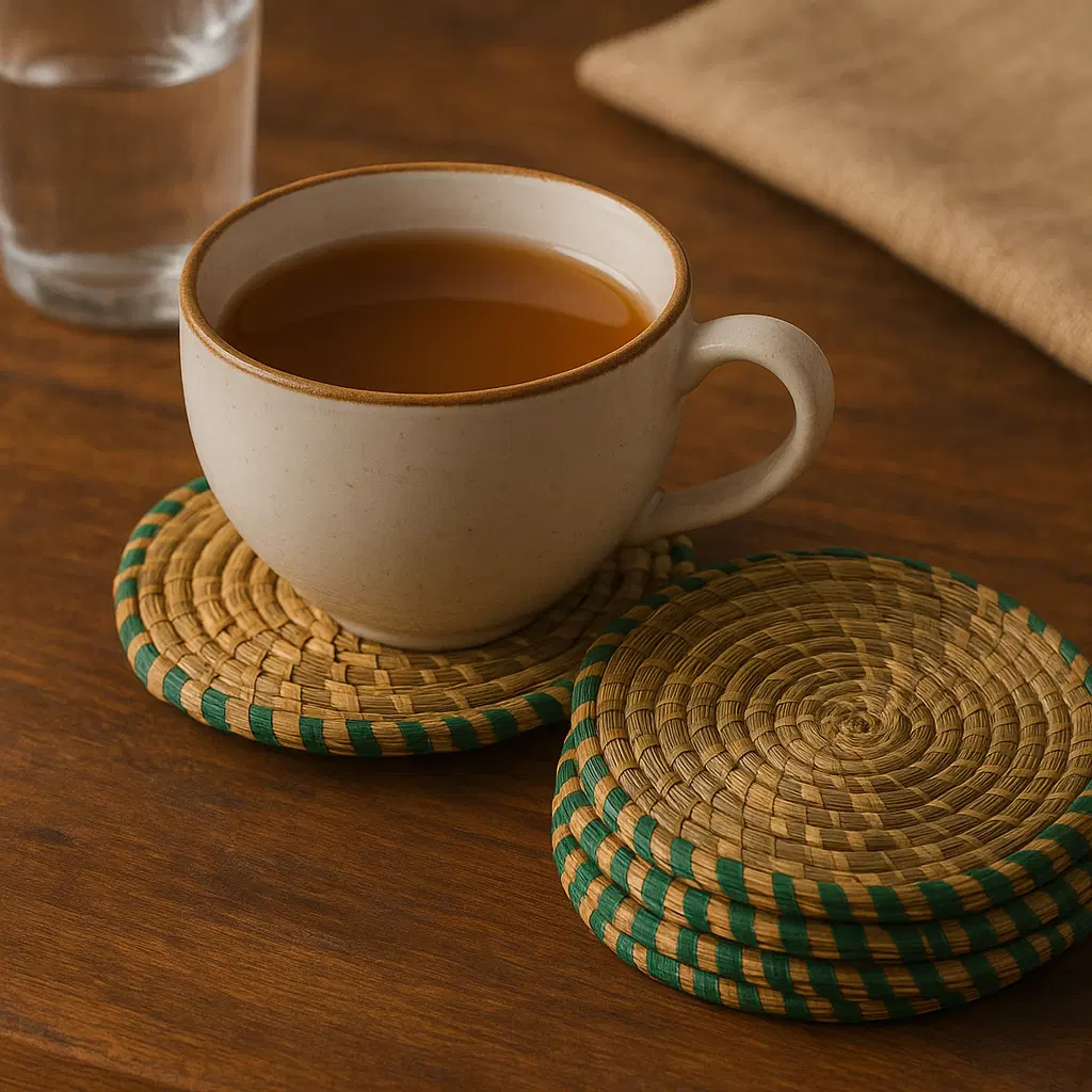 Woven Straw Green Lining Eco-friendly Coasters